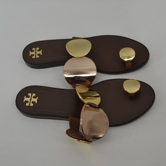 Tory Burch Brown Gold Sandals Circle Plates Size 8 - Picture 8 of 13